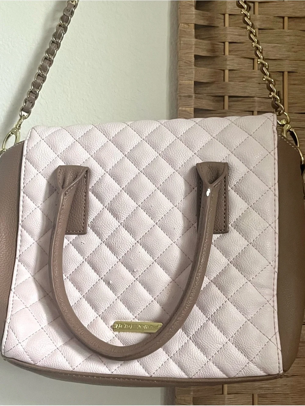 Betsey Johnson Pink Quilted Crossbody with Brown Trim & Cream Bow